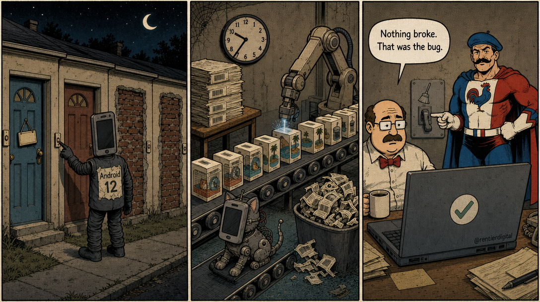 Retro comic: shadowy phone-masked figure triggers home automation; office worker finds 13 products rewritten overnight