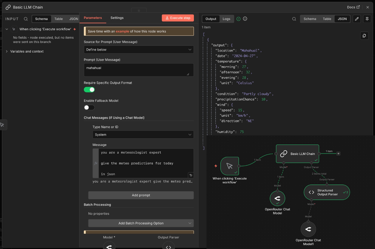 n8n workflow showing error validation steps with LLM node, Code node, and alert configuration