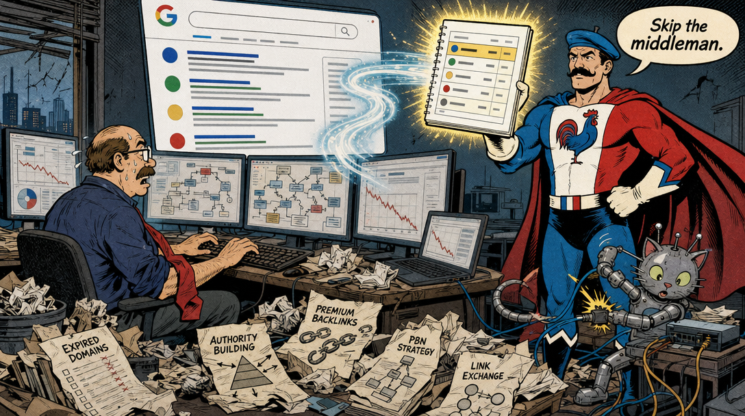 Office worker at failed SEO dashboards; caped hero with glowing notebook pulled into Google, robot cat tangled in cables.