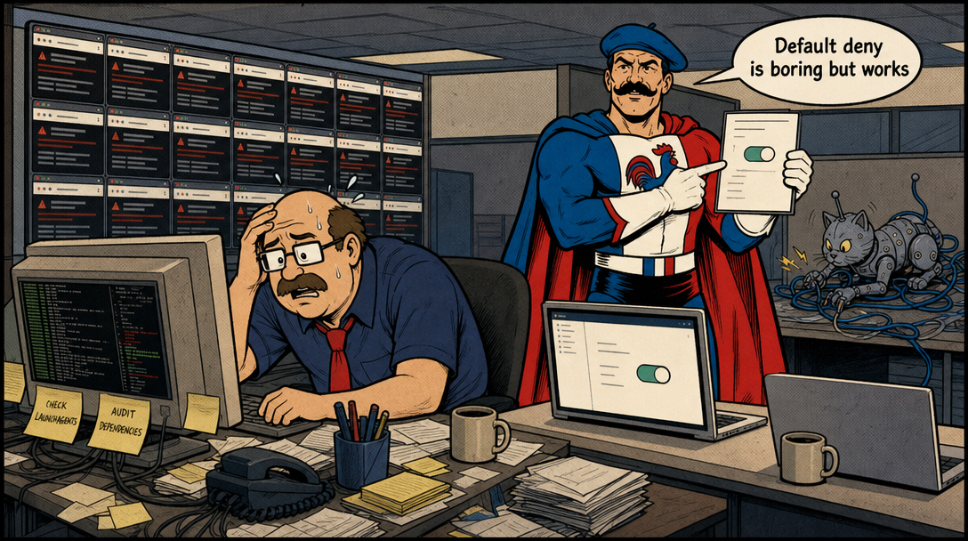 Developer scanning terminal while caped hero points to disabled scripts configuration; cluttered desk versus clean workspace with security toggle switch.