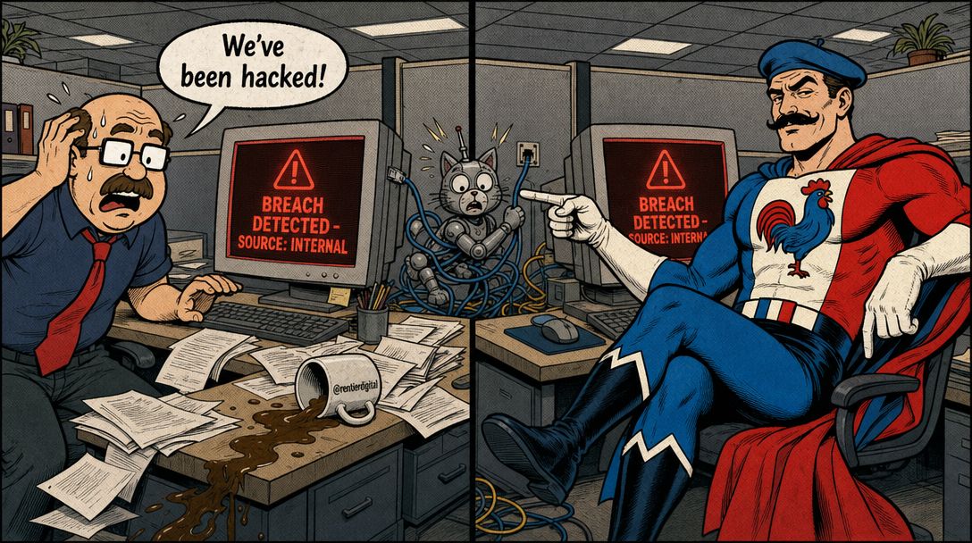 Split-screen illustration of office worker shocked at security breach versus caped figure unfazed by same alert, with tangled robot cat disrupting cables between workstations.