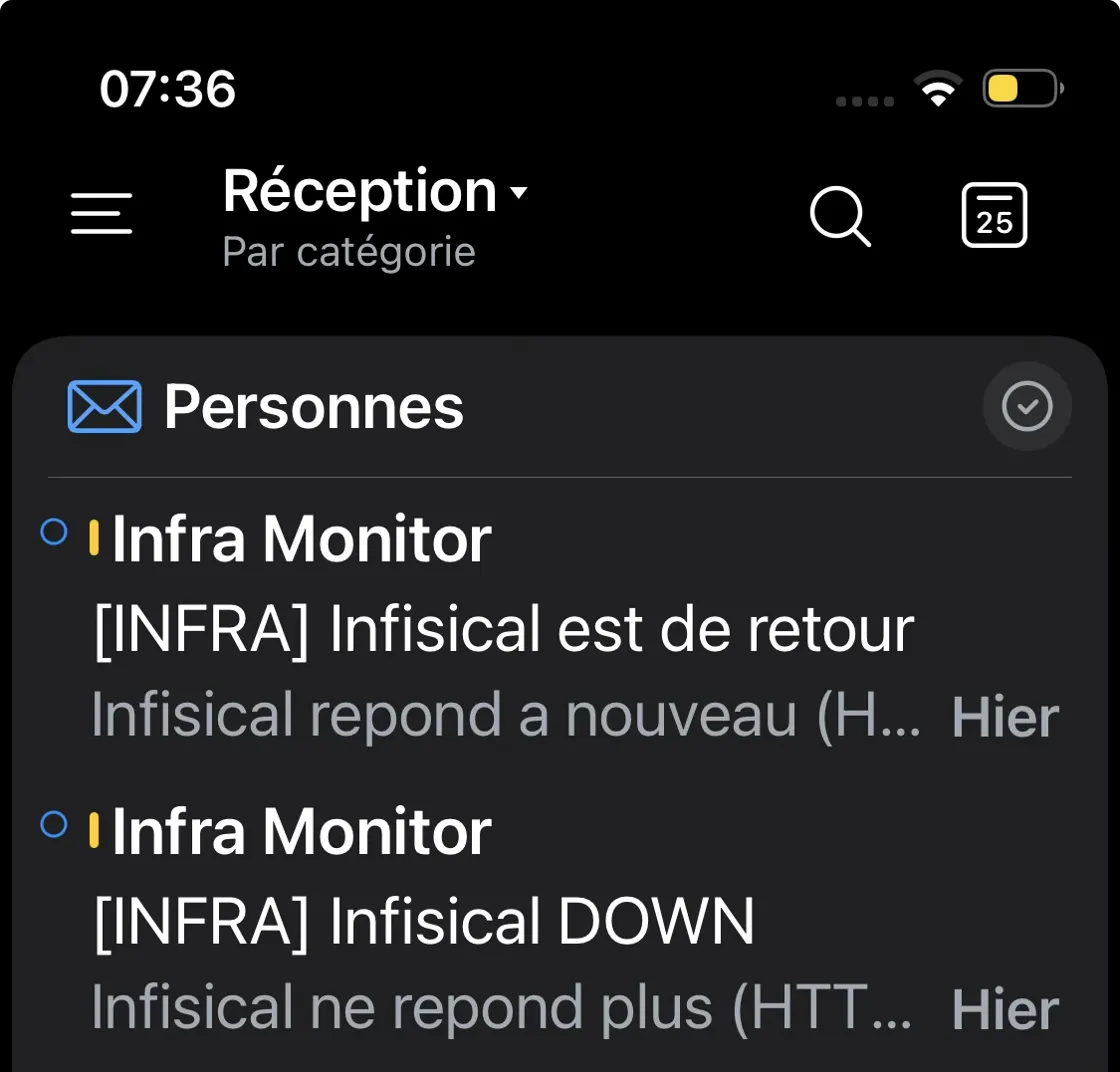 Outlook email inbox showing infrastructure alerts triggering Claude Code self-healing automation workflow