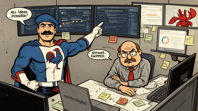 Overwhelmed office worker confronted by superhero character amid complex AI productivity dashboards