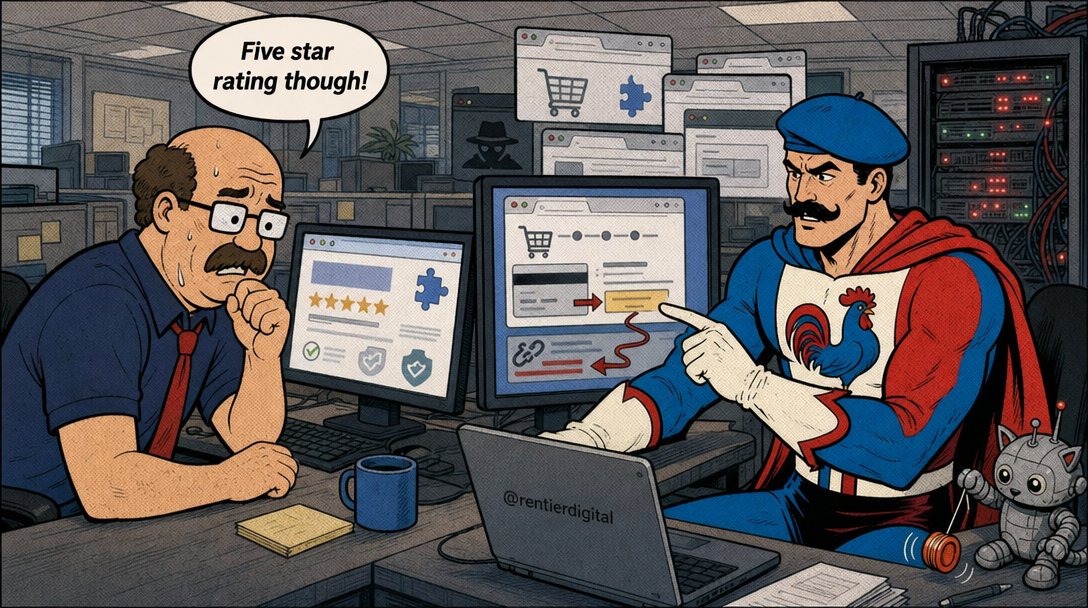 Office worker obliviously stares at browser extension ratings while caped figure points out hidden malicious code injecting affiliate links during checkout.