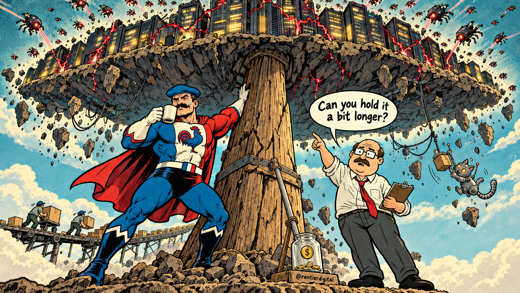 A lone superhero props up a cracking island of servers as robotic bugs swarm overhead and an office worker asks him to hold it longer.