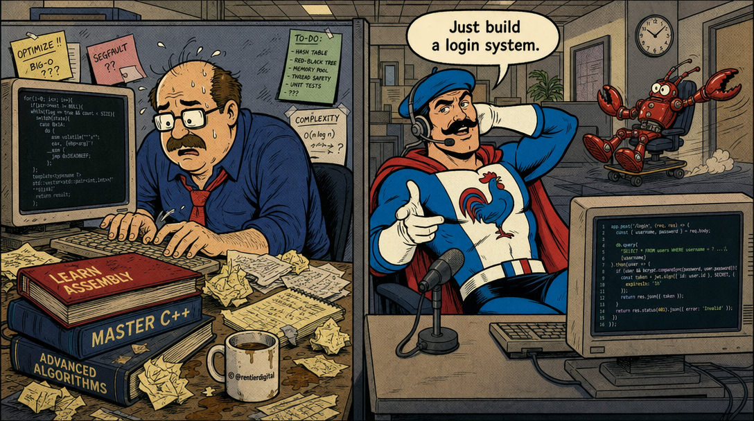 Two developers at desks with opposite approaches: one frantically coding with programming books, the other casually speaking into a headset with clean code displayed.