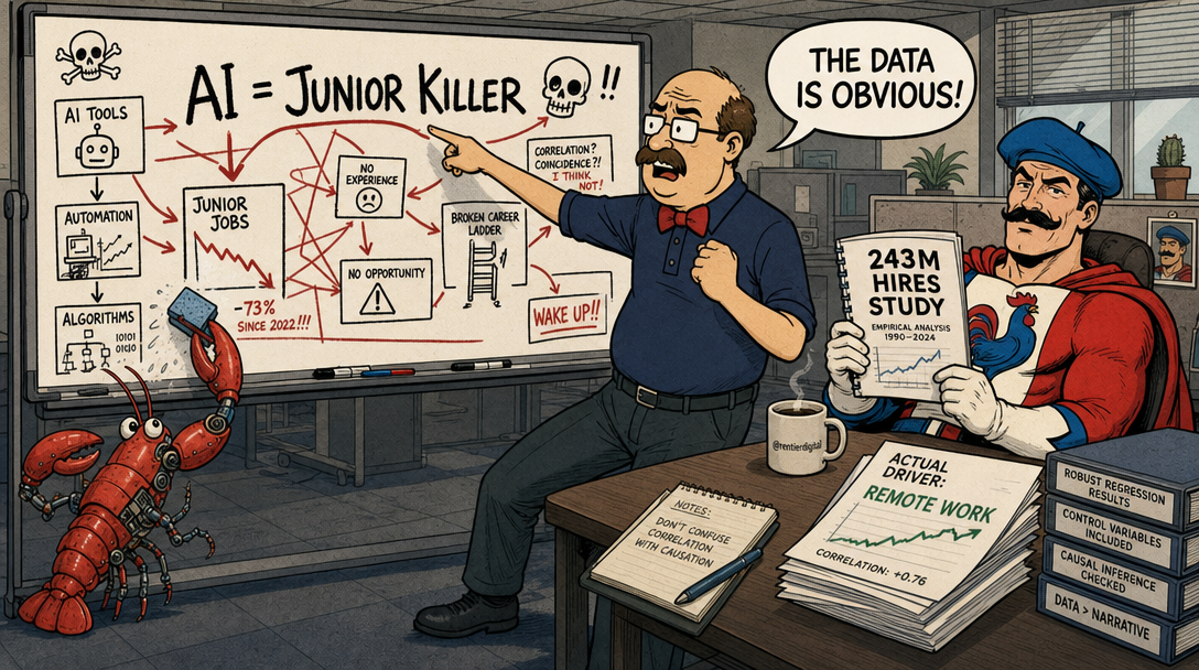 Office worker pointing at AI conspiracy theory on whiteboard while researcher holds data report showing remote work as actual cause