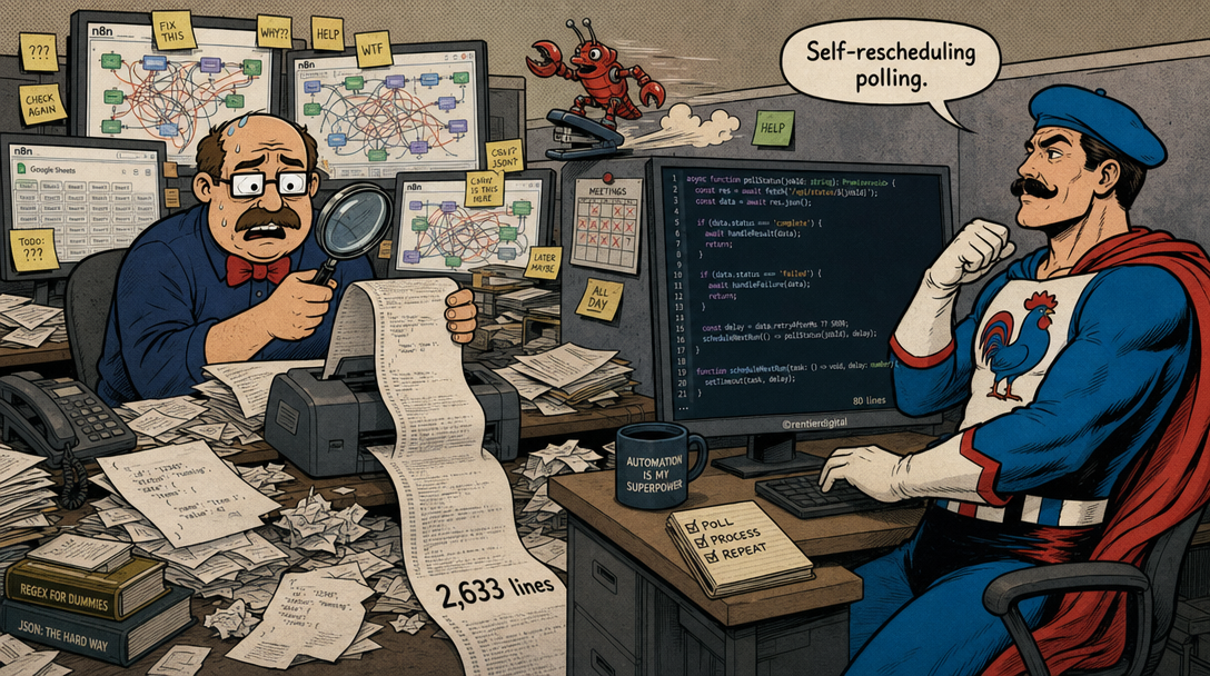 Deux employés de bureau à leurs postes : l'un submergé par des nœuds d'automatisation de workflow enchevêtrés et des impressions JSON éparpillées, l'autre codant calmement du TypeScript propre avec un petit homard robotique surfant sur le bureau en désordre.