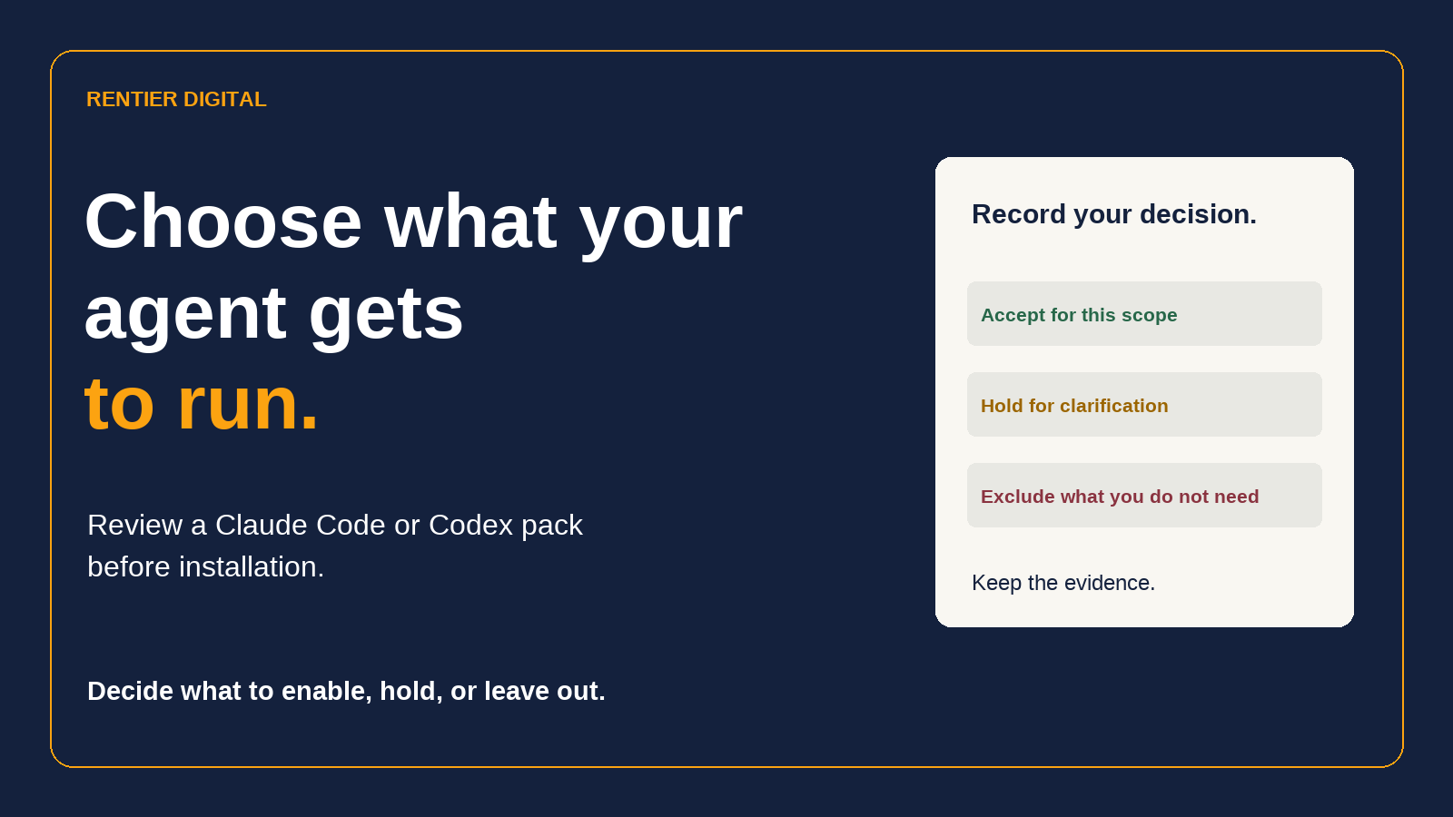 Reviewing a Claude Code or Codex agent pack's AGENTS.md and config changes before installing it, so nothing gets smuggled in