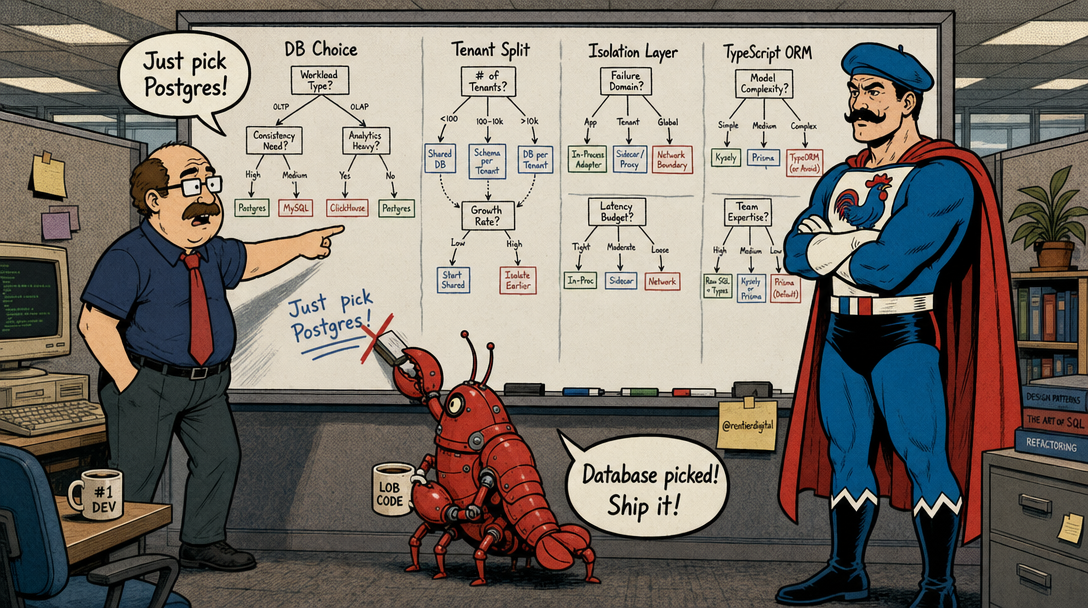 Office worker pointing at one decision tree while superhero studies four complex database architecture diagrams on whiteboard