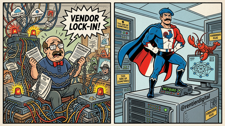 Comic-Illustration: Überforderter Büroangestellter ertrinkt in Kabeln vs. triumphierender Held auf selbst-gehostetem Server-Rack mit Mesh-Netzwerk-Kontrollpanel