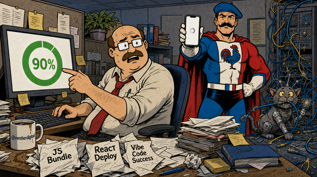 Office worker proudly pointing at 90% SEO score while superhero behind holds phone with blank loading screen; robotic cat tangled in cables nearby