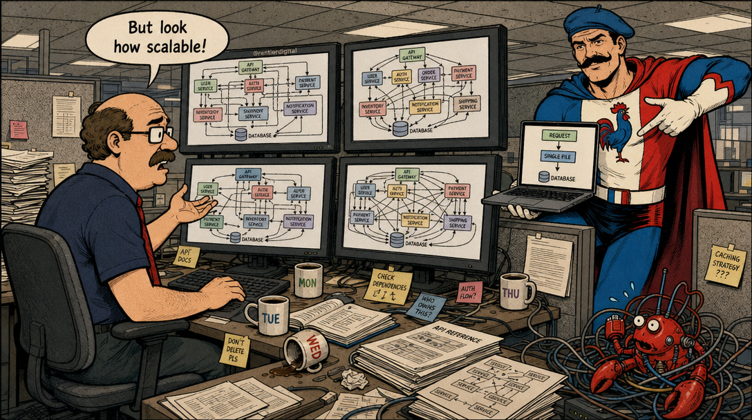 Office worker surrounded by four monitors with complex microservice diagrams while superhero points to simple single solution on laptop