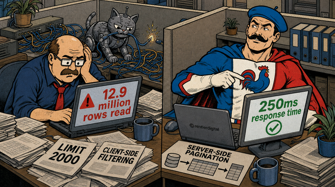 Office worker frustrated at slow database query versus confident developer pointing at optimized 250ms response time, with robot cat tangled in cables