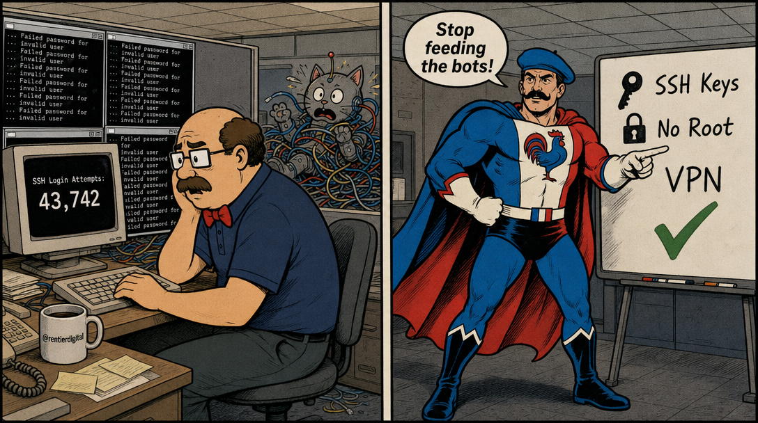 Office worker overwhelmed by SSH login attempts versus superhero confidently presenting SSH security solutions with checkmark