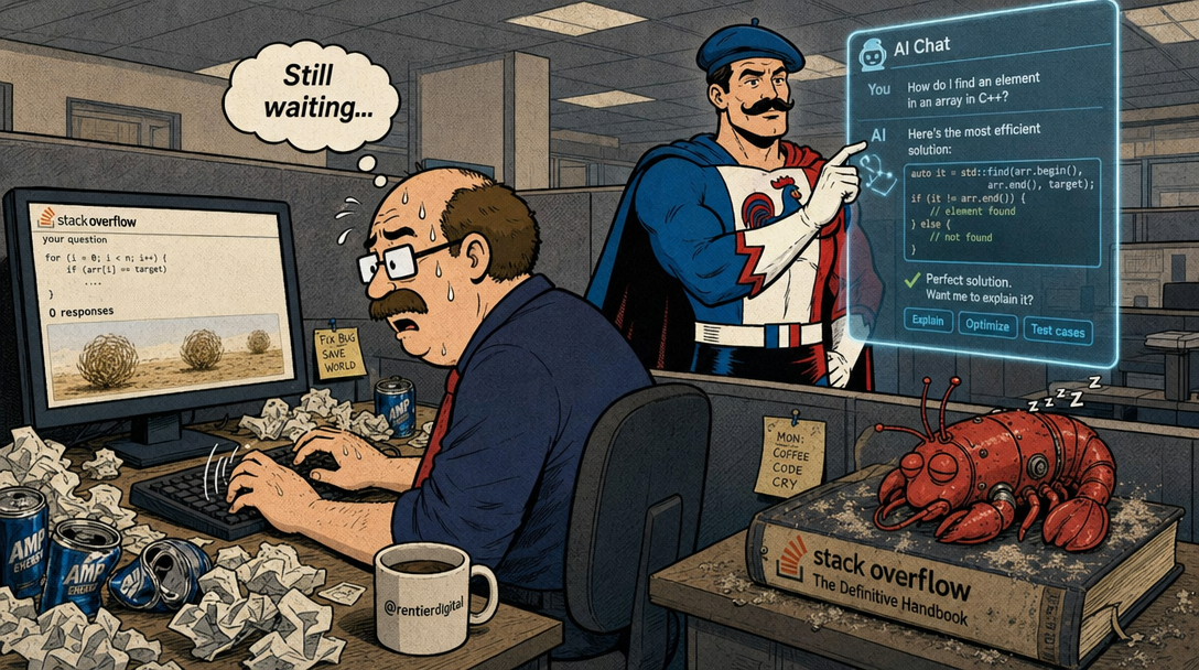 Office worker frantically typing at cubicle desk surrounded by energy drink cans while superhero effortlessly chats with AI chatbot behind him
