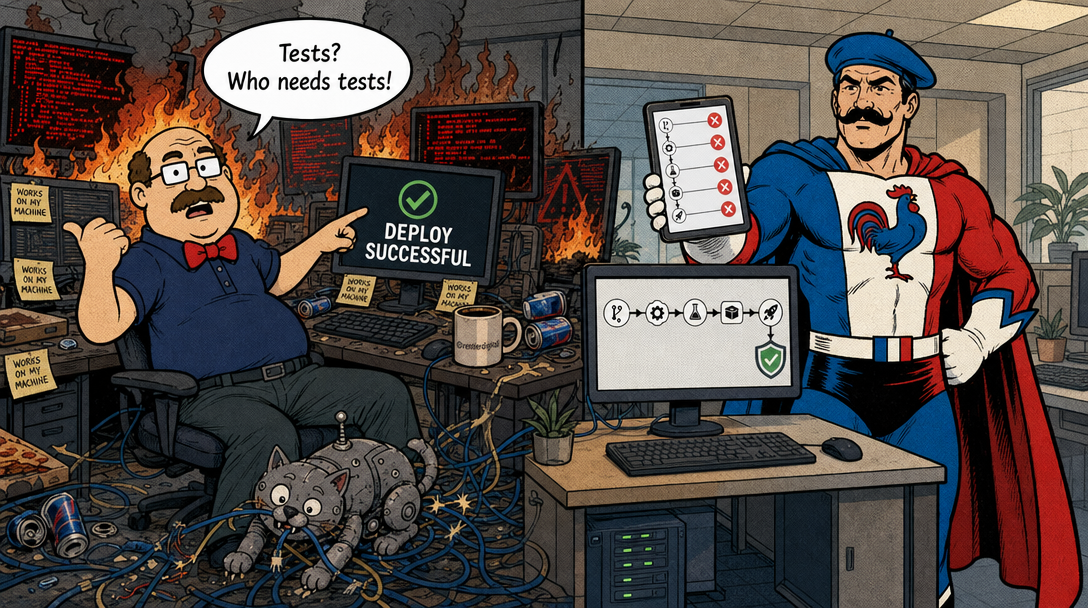 Office worker pointing at successful deploy while code burns behind him, caped hero holding CI dashboard with failures, robot cat tangled in cables.