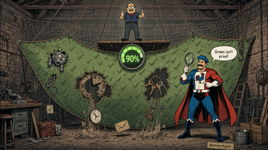 Office worker on trapeze platform above green net with two holes; caped figure spots gaps; objects fall through; 90% gauge.