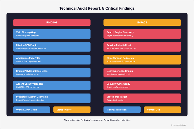 The 8 audit findings presented as a structured diagnostic report. Two-column lay...