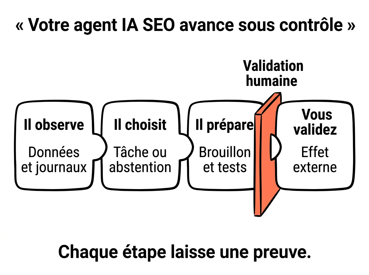 The architecture connects data, task selection, a reversible action, human validation, and the log.