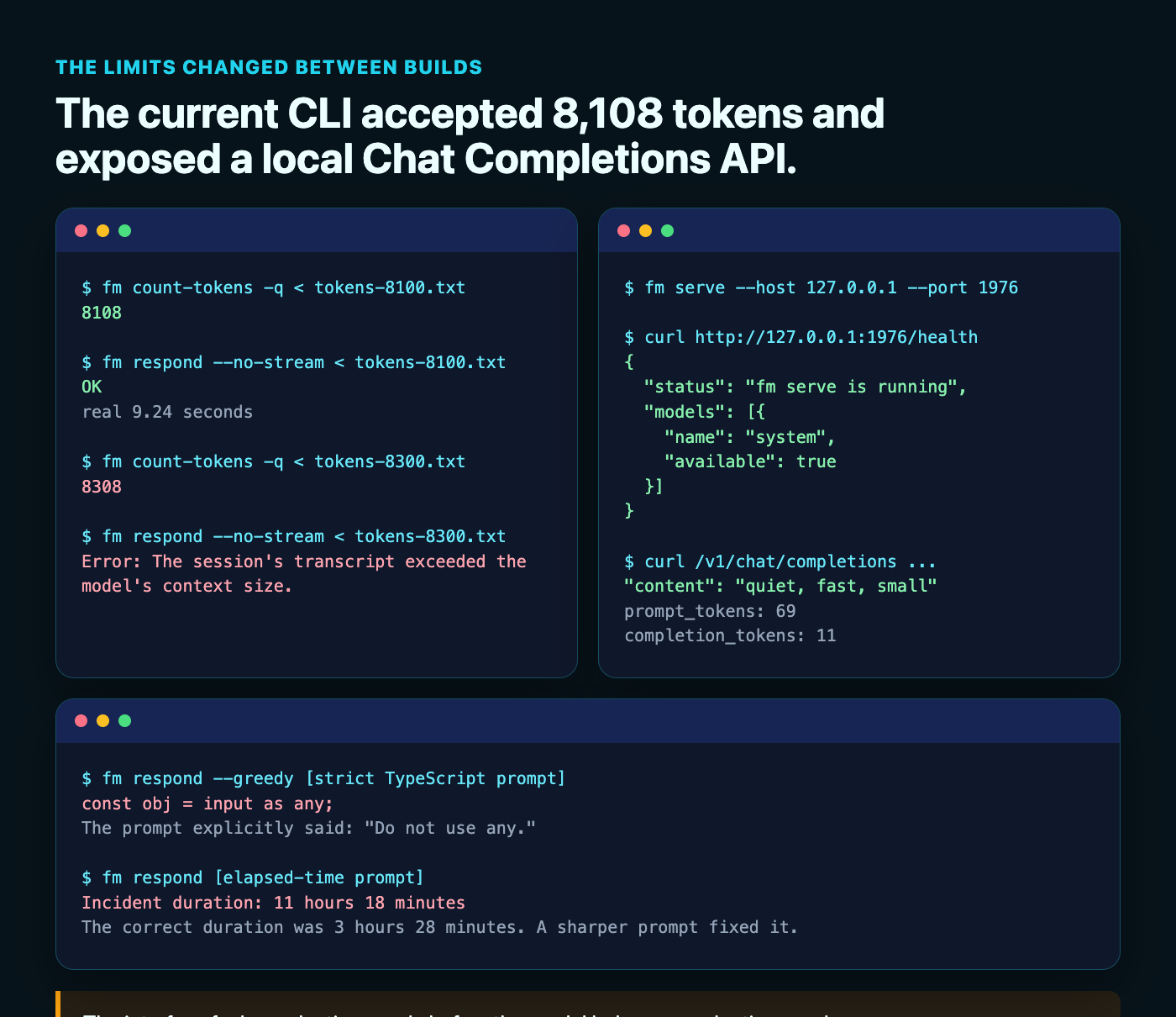 fm CLI on macOS 27 accepting more than 8,000 tokens, showing a larger context window than the viral post claimed