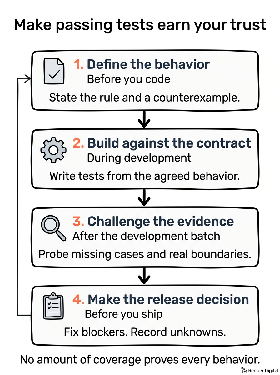 AI coding agent workflow linking agreed behavior contract, test-driven development, and post-implementation review to close test coverage gaps