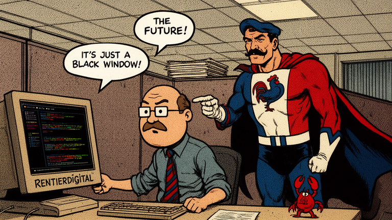 Confused office worker staring at advanced terminal interface with confident tech hero behind