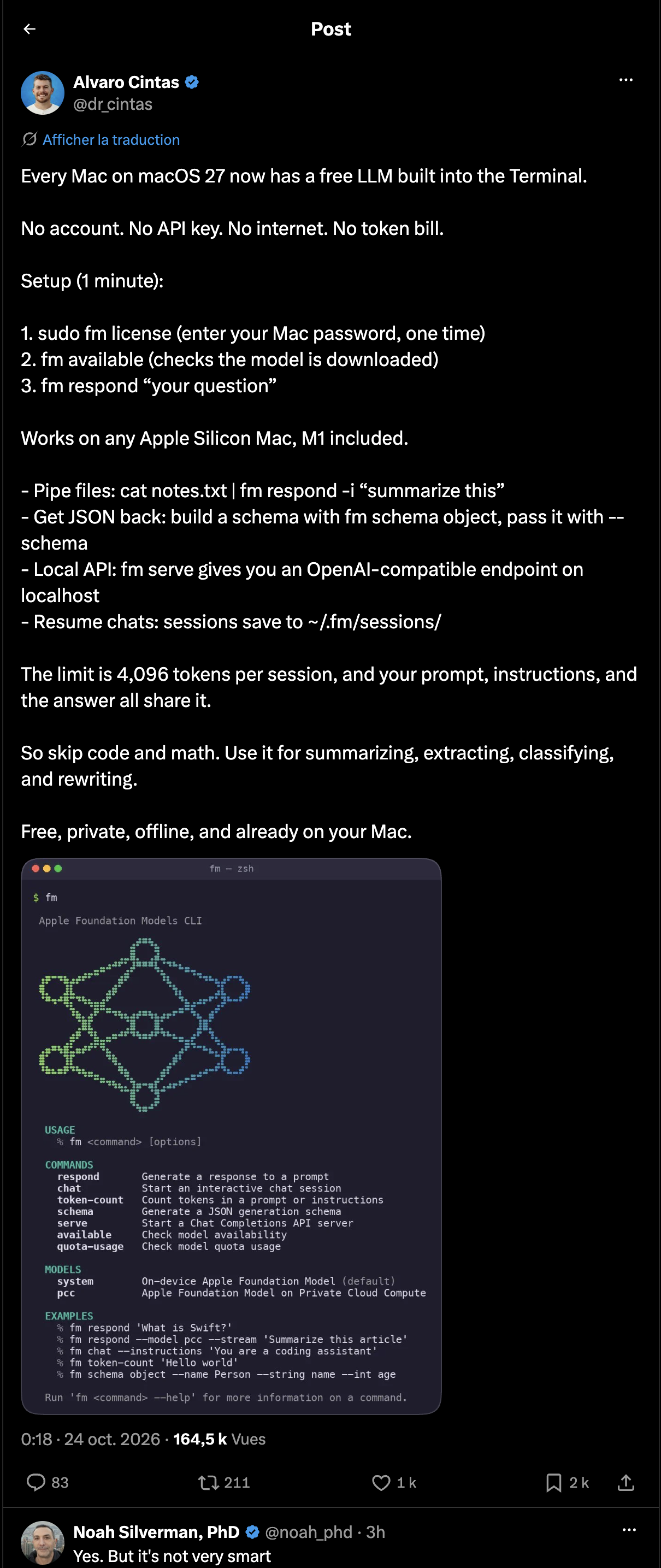 X post showing the macOS 27 fm CLI local LLM, its commands, and a 4,096-token context limit