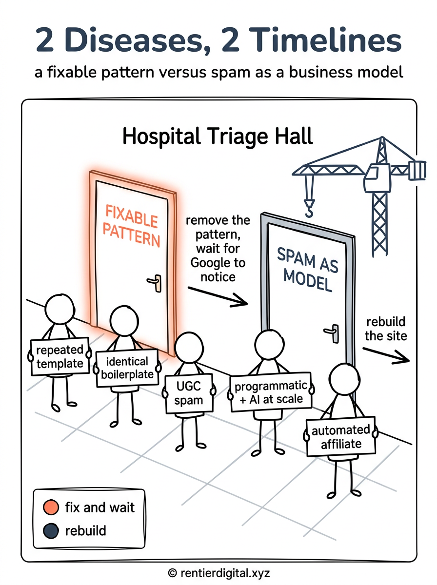 TITLE "2 Diseases, 2 Timelines" + subtitle "a fixable pattern versus spam as a business model". Metaphor: a hospital triage hall with 2 doors, the left one opening onto a small repair clinic, the right one onto a demolition yard with a crane. Style: Franco-Belgian ligne claire, clean black outlines, flat colors, Tintin-era hospital corridor. Palette: navy #14213D, amber #FCA311, muted red #C1121F, off-white #F5F1E8, black #111111. Content: left door labeled FIXABLE PATTERN, patients holding signs "repeated template", "identical boilerplate", "UGC spam", arrow to "remove the pattern, wait for Google to notice". Right door labeled SPAM AS MODEL, patients holding signs "programmatic + AI at scale", "automated affiliate", arrow to "rebuild the site". Highlight: the left door glows amber, the crane on the right is outlined in muted red and drawn at double size. Legend: small card bottom-left, "amber = fix and wait / red = rebuild". Footer: © rentierdigital.xyz. NOT flat corporate vector, NOT stock infographic.