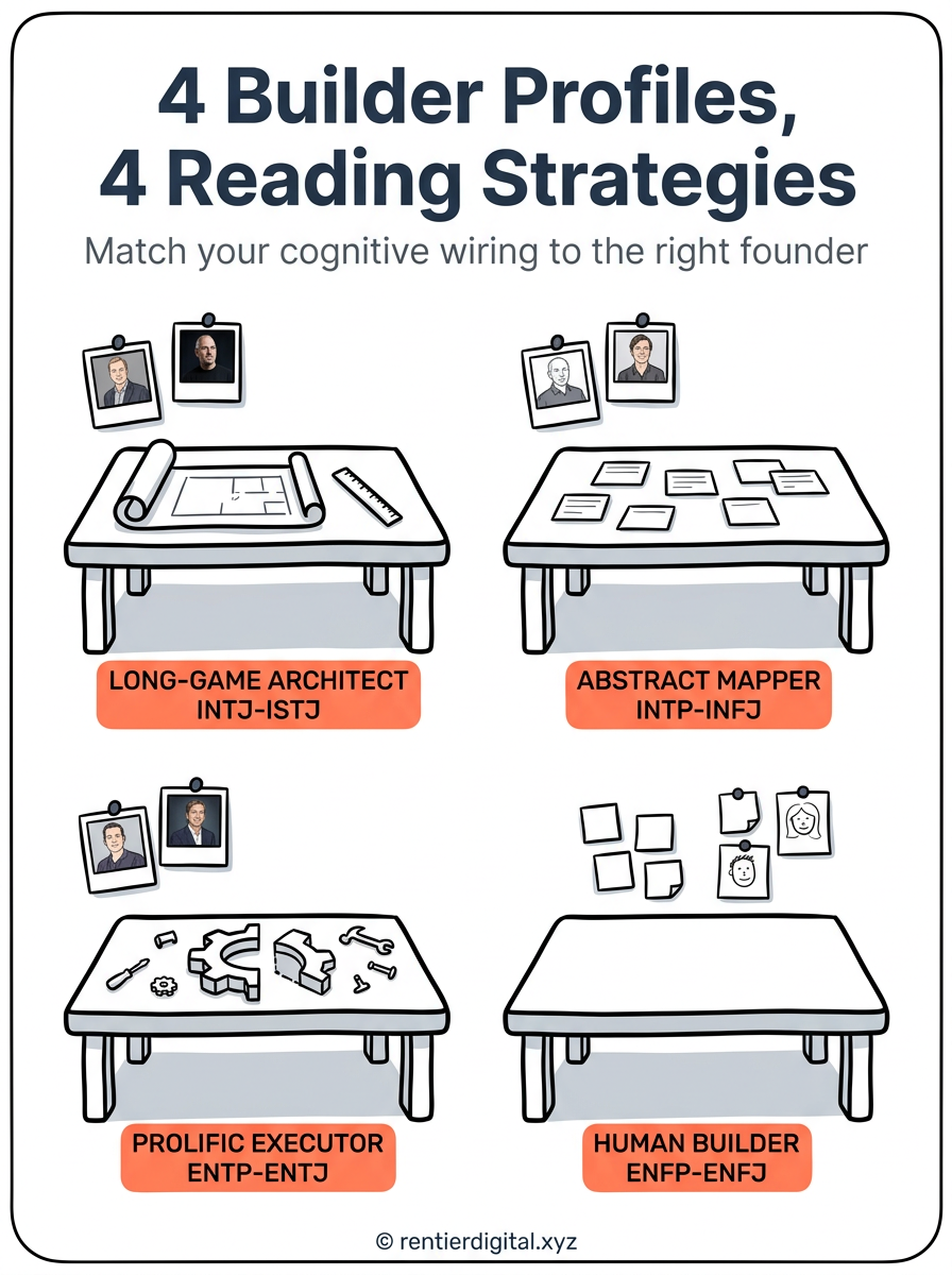 TITLE "4 Builder Profiles, 4 Reading Strategies" + subtitle "Match your cognitive wiring to the right founder". Metaphor: a workshop with 4 distinct workbenches, each set up with different tools and work-in-progress. Style: Franco-Belgian ligne claire comic, thick black outlines, flat color fills, slight grain texture on walls. Palette: mustard #F4C430, brick red #C0392B, slate blue #2C3E50, cream #FFF8E7, black #111111. Content: top-left workbench labeled "LONG-GAME ARCHITECT / INTJ-ISTJ" with blueprints rolled out and a ruler; top-right "ABSTRACT MAPPER / INTP-INFJ" with index cards spread across the surface; bottom-left "PROLIFIC EXECUTOR / ENTP-ENTJ" with a half-built prototype and scattered tools; bottom-right "HUMAN BUILDER / ENFP-ENFJ" with sticky notes and user persona sketches pinned to the wall. Highlight: each bench label in a mustard-colored tag, founder name examples appear as small polaroid-style sketches pinned above each station. Footer: copyright rentierdigital.xyz. NOT flat corporate vector, NOT management consulting quadrant grid, NOT minimalist tech startup aesthetic.