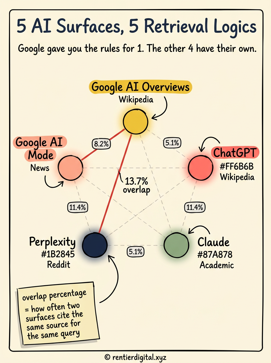 TITLE "5 AI Surfaces, 5 Retrieval Logics" + subtitle "Google gave you the rules for 1. The other 4 have their own.". Metaphor: a five-pointed star map with each point representing one AI surface (Google AI Overviews, Google AI Mode, ChatGPT, Claude, Perplexity), each point glowing a different color, connected by faint dashed lines showing their tiny overlaps. Style: engineer blueprint, hand-drawn feel, thin black lines on cream background, technical annotations in handwriting. Palette: deep navy #1B2845, mustard #F4C430, coral #FF6B6B, sage #87A878, cream #FFF8E7. Content: each point of the star labeled with the surface name, a small percentage badge showing its overlap with the next surface, and a one-word descriptor of its preferred source (Wikipedia for ChatGPT, Reddit for Perplexity, etc.). Highlight: the Google AI Overviews and Google AI Mode points connected with a bold red line labeled "13.7% overlap" to drive the point home. Legend: bottom-left sticky note: "overlap percentage = how often two surfaces cite the same source for the same query". Footer: rentierdigital.xyz. NOT flat corporate vector, NOT minimalist tech startup aesthetic.