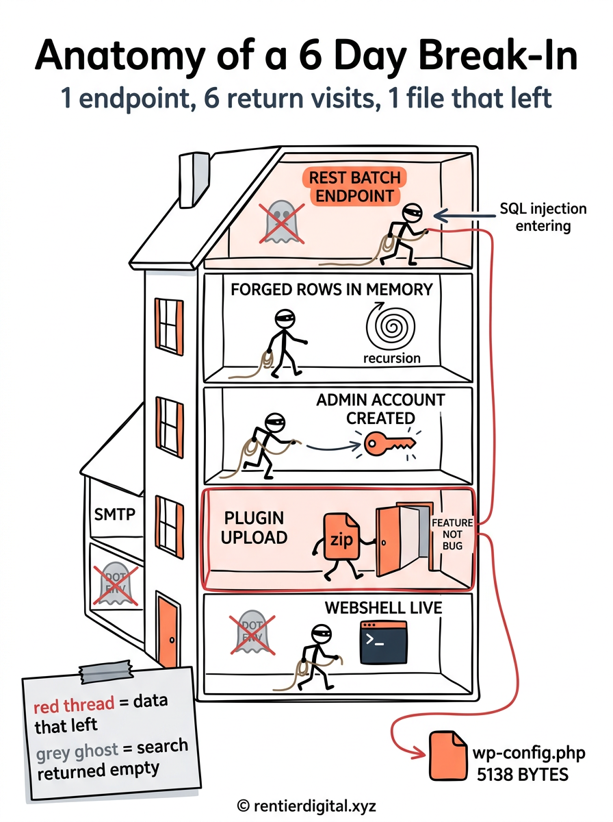 TITLE "Anatomy of a 6 Day Break-In" + subtitle "1 endpoint, 6 return visits, 1 file that left". Metaphor: a cutaway dollhouse seen from the side, 5 rooms stacked vertically, a burglar figure moving room to room with a rope. Style: Franco-Belgian ligne claire comic, thick uniform black outlines, flat color fills, no gradients. Palette: deep teal #1B7A7A, alarm red #E63946, mustard #F4C430, cream #FFF8E7, black #111111. Content: 5 rooms labeled top to bottom, REST BATCH ENDPOINT with SQL injection entering, FORGED ROWS IN MEMORY with the recursion drawn as a spiral, ADMIN ACCOUNT CREATED with a key being minted, PLUGIN UPLOAD with a zip file walking through an open door marked FEATURE NOT BUG, WEBSHELL LIVE with a blinking terminal cursor. A red thread runs from the top room down to a single file icon labeled wp-config.php 5138 BYTES exiting the house at the bottom. Grey ghost icons labeled SMTP and DOT ENV drawn crossed out, staying inside. Highlight: the PLUGIN UPLOAD room drawn twice as large with a red halo, its door wide open. Legend: sticky note bottom-left, "red thread = data that left / grey ghost = search returned empty". Footer: © rentierdigital.xyz. NOT flat corporate vector, NOT minimalist tech startup aesthetic.