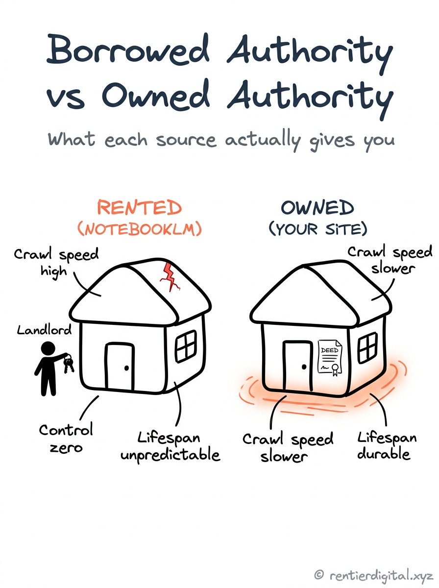 TITLE "Borrowed Authority vs Owned Authority" + subtitle "What each source actually gives you". Metaphor: two houses side by side, one rented with a landlord silhouette holding keys, one owned with a deed on the door. Style: engineer blueprint, thin white lines on navy background, technical schematic look. Palette: navy #14213D, amber #FCA311, muted red #C1121F, off-white #F5F1E8, black #111111. Content: left house labeled RENTED (NOTEBOOKLM) with tags Crawl speed high, Control zero, Lifespan unpredictable. Right house labeled OWNED (YOUR SITE) with tags Crawl speed slower, Control full, Lifespan durable. Highlight: a red crack icon on the rented house's roof, amber glow around the owned house's foundation. Legend: none. Footer: copyright rentierdigital.xyz, bottom-right, small, handwritten style. NOT flat corporate vector, NOT minimalist tech startup aesthetic.