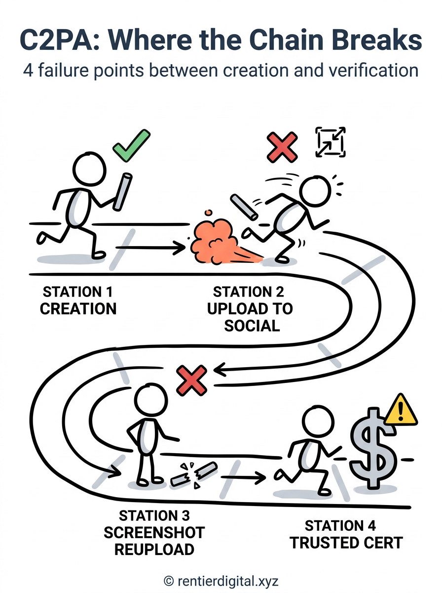 TITLE "C2PA: Where the Chain Breaks" + subtitle "4 failure points between creation and verification". Metaphor: relay race track with 4 stations, baton dropped at the upload station. Style: Franco-Belgian ligne claire comic, thick black outlines, flat color areas with slight paper texture. Palette: blue #2D6BE4, red #E43D2D, yellow #F5C842, white #FAFAFA, black #111111. Content: 4 runners labeled CREATION (baton held, green checkmark), UPLOAD TO SOCIAL (baton dropped, red X, platform compression icon), SCREENSHOT REUPLOAD (baton shattered, red X), TRUSTED CERT (runner blocked by dollar sign, yellow warning). Highlight: upload runner shown with exaggerated stumble and dust cloud as the main failure point. Footer: copyright rentierdigital.xyz. NOT flat corporate infographic, NOT stock illustration, NOT minimalist tech aesthetic.
