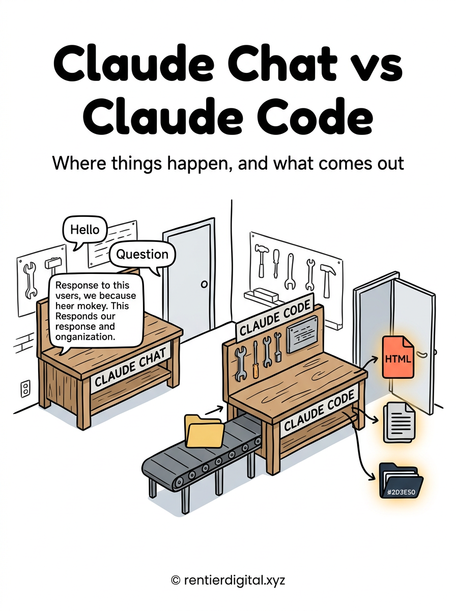 TITLE "Claude Chat vs Claude Code" + subtitle "Where things happen, and what comes out". Metaphor: two side-by-side workbenches in a cartoon workshop. Left bench labeled CLAUDE CHAT: inputs float in as speech bubbles, response stays on the bench surface, nothing exits the room, door behind is closed. Right bench labeled CLAUDE CODE: a folder goes in on a conveyor belt, 3 real objects come out the other door: an HTML badge, a stack of renamed files, an organized folder icon. Style: Franco-Belgian ligne claire comic, thick black outlines, clean flat colors, no gradients. Palette: warm cream #FFF8E7, teal #2EC4B6, coral #FF6B6B, black #111111, light gray #F0F0F0. Highlight: the right bench output items glow with a soft teal halo to signal real output that lands on disk. Footer: copyright rentierdigital.xyz. NOT flat corporate vector, NOT minimalist tech startup aesthetic, NOT stock infographic.