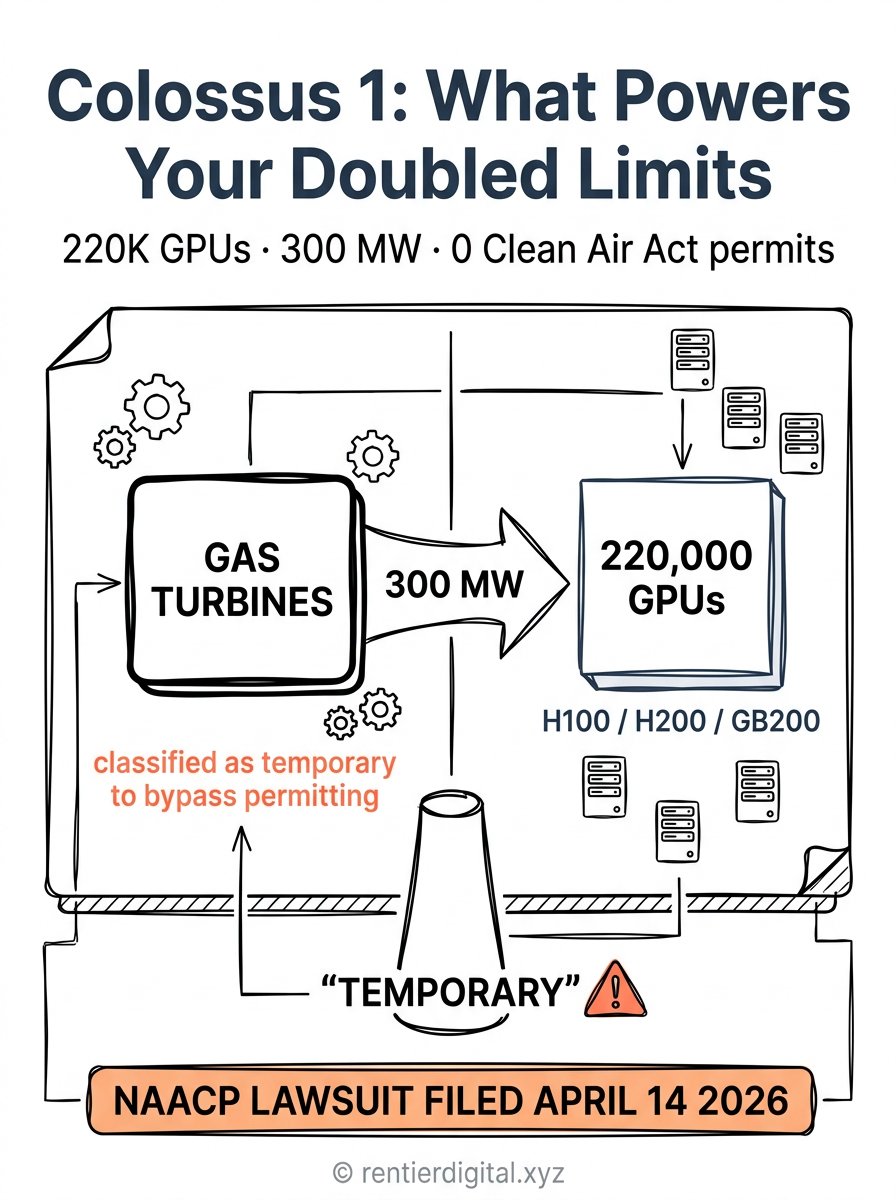 TITLE "Colossus 1: What Powers Your Doubled Limits" + subtitle "220K GPUs · 300 MW · 0 Clean Air Act permits". Metaphor: industrial cross-section diagram of a factory floor cut open, showing power input on the left and GPU racks on the right, with a gas turbine stack labeled "TEMPORARY" in quotes at the bottom. Style: engineer blueprint aesthetic, technical drafting lines on dark navy background, white and amber labels. Palette: navy #0D1B2A, amber #F4A261, white #F8F9FA, warning red #E63946, concrete grey #6B7280. Content: left column shows "GAS TURBINES" block labeled "classified as temporary to bypass permitting", right column shows "220,000 GPUs" block labeled "H100 / H200 / GB200", center shows power arrow labeled "300 MW" flowing from turbines to GPUs. Bottom bar shows "NAACP LAWSUIT FILED APRIL 14 2026" in warning red. Highlight: the "TEMPORARY" label in quotes with a red warning icon, the NAACP bar pulsing in warning red. Footer: © rentierdigital.xyz. NOT flat corporate infographic, NOT clean tech startup aesthetic, NOT minimalist.