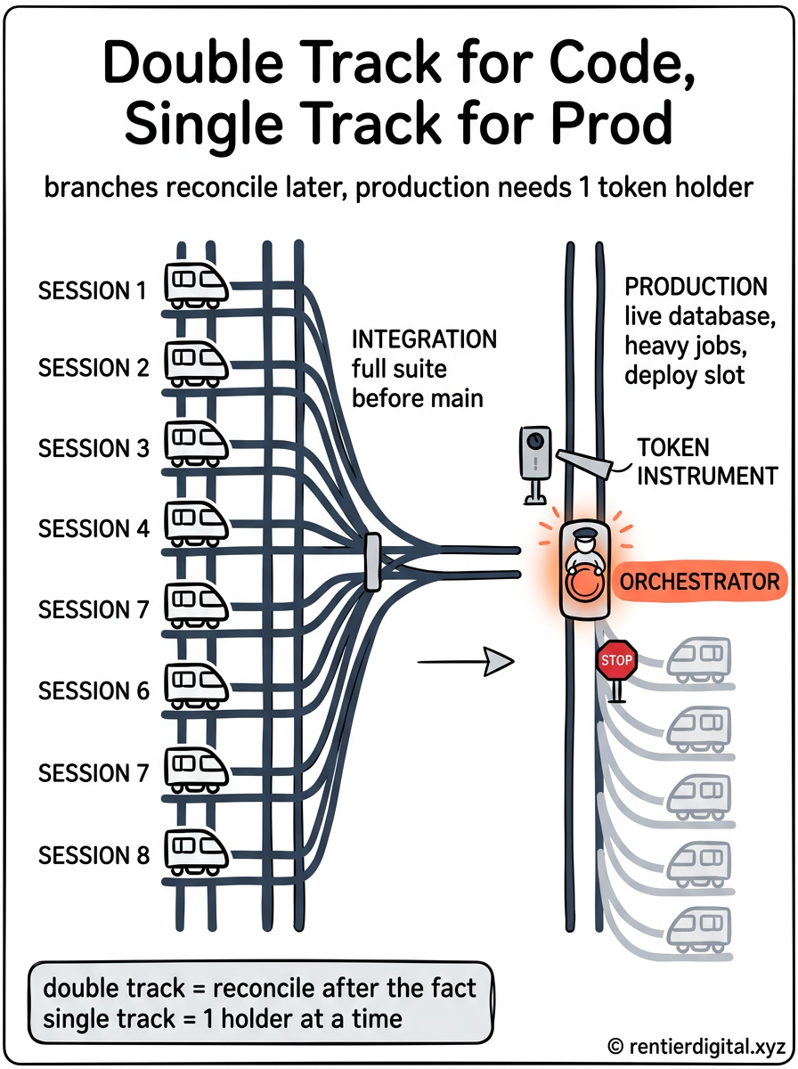 TITLE "Double Track for Code, Single Track for Prod" + subtitle "branches reconcile later, production needs 1 token holder". Metaphor: railway map seen from above, a wide double-track line on the left where 8 small trains run side by side and meet at a junction station, a narrow single-track section on the right guarded by a signal box, with 1 train inside the section and the other trains waiting on sidings. Style: Victorian railway engineer blueprint, white linework on navy paper, hand-lettered labels. Palette: navy #14213D, amber #FCA311, muted red #C1121F, cream #FFF8E7, black #111111. Content: the double track labeled CODE with trains SESSION 1 to SESSION 8, the junction labeled INTEGRATION (full suite before main), the single track labeled PRODUCTION (live database, heavy jobs, deploy slot), the signal box labeled TOKEN INSTRUMENT, the driver of the only train inside the section holding a large token labeled ORCHESTRATOR. Highlight: the token drawn double size with an amber halo, the waiting trains dimmed, a muted red stop signal in front of them. Legend: small cartouche bottom-left, "double track = reconcile after the fact / single track = 1 holder at a time". Footer: © rentierdigital.xyz, bottom right, small, handwritten. NOT flat corporate vector, NOT stock infographic.