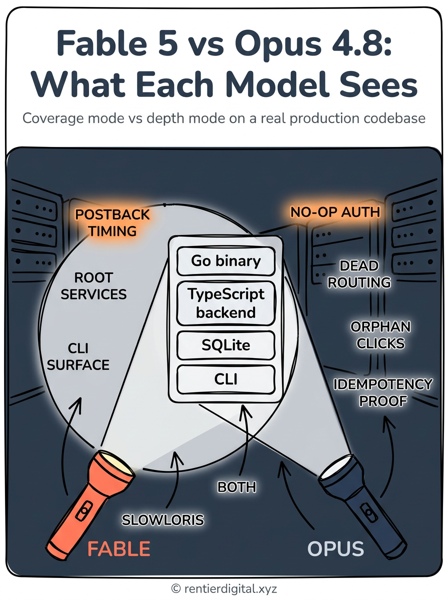 TITLE "Fable 5 vs Opus 4.8: What Each Model Sees" + subtitle "Coverage mode vs depth mode on a real production codebase". Metaphor: 2 flashlights in a dark server room, 1 wide diffused beam (left, labeled FABLE) and 1 narrow sharp spotlight (right, labeled OPUS), both partially illuminating the same stack diagram: Go binary, TypeScript backend, SQLite, CLI. Style: engineer blueprint on dark navy background, white fine-line drawing, minimal sans-serif labels. Palette: navy #0D1B2A, electric blue #4FC3F7, amber #F4C430, white #FFFFFF, slate #8896AB. Content: FABLE beam hits perimeter nodes labeled POSTBACK TIMING, ROOT SERVICES, CLI SURFACE, SLOWLORIS; OPUS spotlight hits center nodes labeled NO-OP AUTH, DEAD ROUTING, ORPHAN CLICKS, IDEMPOTENCY PROOF. Small overlap zone labeled BOTH. Highlight: POSTBACK TIMING and NO-OP AUTH in amber glow to show what each model uniquely caught. Footer: © rentierdigital.xyz. NOT flat corporate vector, NOT symmetrical Venn diagram, NOT stock tech illustration.