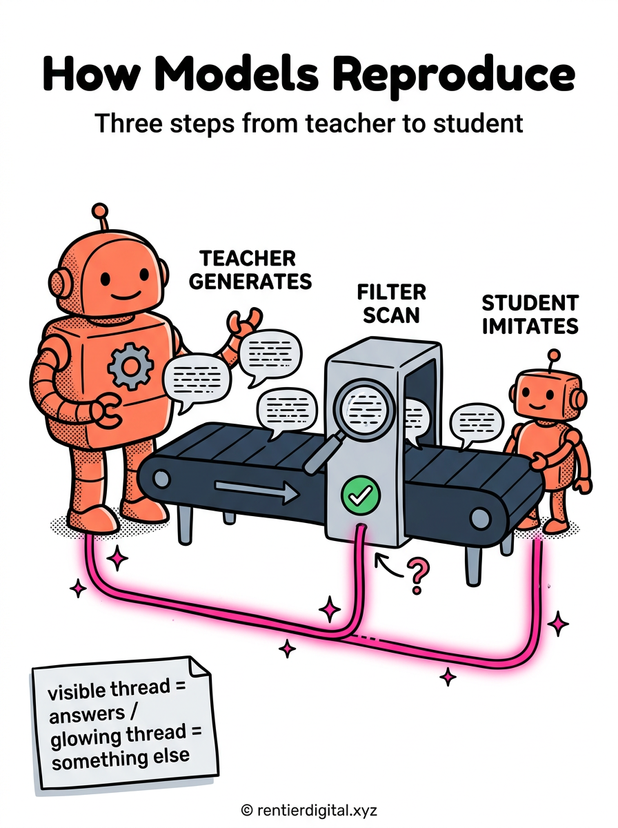TITLE "How Models Reproduce" + subtitle "Three steps from teacher to student". Metaphor: cartoon factory assembly line, big robot teacher on the left feeding a conveyor belt that passes through a SCAN station, then arrives at a smaller robot student on the right. Style: cartoon 90's Hanna-Barbera, thick black outlines, halftone dots, bouncy shapes. Palette: mustard #F4C430, hot pink #FF3E7F, sky blue #4FC3F7, cream #FFF8E7, black #111111. Content: 3 stations labeled TEACHER GENERATES (big robot producing speech bubbles full of text), FILTER SCAN (magnifying glass checking the bubbles), STUDENT IMITATES (smaller robot receiving the bubbles). A second invisible glowing thread runs underneath the conveyor, bypassing the SCAN station entirely, ending up in the student. Highlight: the underground thread shines hot pink with sparkle stars; the SCAN station shows a green checkmark on the visible bubbles but a question mark on the underground thread. Legend: sticky note bottom-left, "visible thread = answers / glowing thread = something else." Footer: © rentierdigital.xyz. NOT flat corporate vector, NOT minimalist tech infographic.