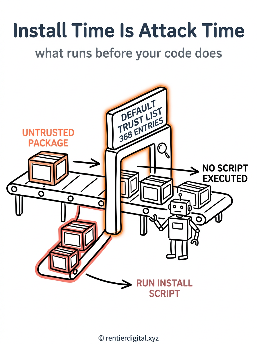 TITLE "Install Time Is Attack Time" + subtitle "what runs before your code does". Metaphor: a factory conveyor belt with a locked gate at the entrance, most crates rolling straight through, a few flagged crates stopped and inspected by a robot guard. Style: engineer blueprint, blue-line technical drawing on cream paper, thin white linework, stamped icons. Palette: navy #14213D, amber #FCA311, muted red #C1121F, cream #FFF8E7, black #111111. Content: left side labeled UNTRUSTED PACKAGE, arrow through a gate labeled DEFAULT TRUST LIST 368 ENTRIES, most crates pass through to NO SCRIPT EXECUTED, a few flagged crates route to RUN INSTALL SCRIPT. Highlight: the gate glows amber, flagged crates outlined in muted red. Footer: copyright rentierdigital.xyz. NOT flat corporate vector, NOT minimalist tech aesthetic.