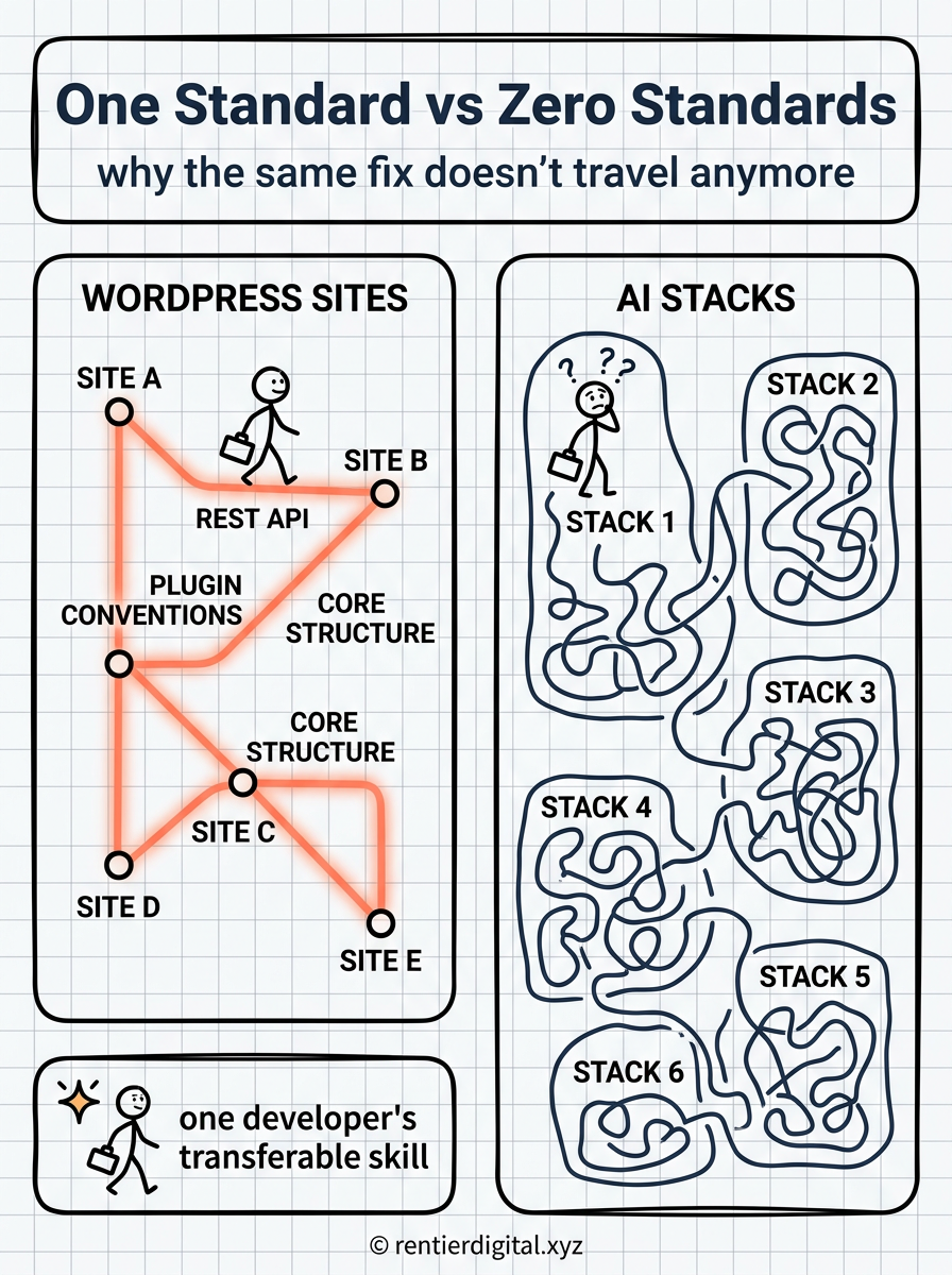 TITLE "One Standard vs Zero Standards" + subtitle "why the same fix doesn't travel anymore". Metaphor: two parallel maps side by side, one a clean subway map with uniform stations and color coded lines, the other a tangled hand drawn maze with no two paths alike. Style: technical blueprint poster, engineer schematic aesthetic, blue on white grid background, precise thin lines. Palette: blueprint blue #1B3A5C, schematic white #F4F6F8, warning amber #E8A33D, ink black #1A1A1A, accent red #C8443C. Content: left side labeled WORDPRESS SITE A through WORDPRESS SITE Z, all stations connected by the same labeled lines REST API, PLUGIN CONVENTIONS, CORE STRUCTURE, one small figure walking confidently across all of them. Right side labeled AI STACK 1 through AI STACK 5, each one a disconnected island with its own private maze, the same figure stuck on the first island only, unable to reach the others. Highlight: the connecting lines on the left side glow in amber to show the shared standard. Legend: small note bottom left, sparkle figure equals one developer's transferable skill. Footer: © rentierdigital.xyz. NOT flat corporate vector, NOT generic flowchart aesthetic.