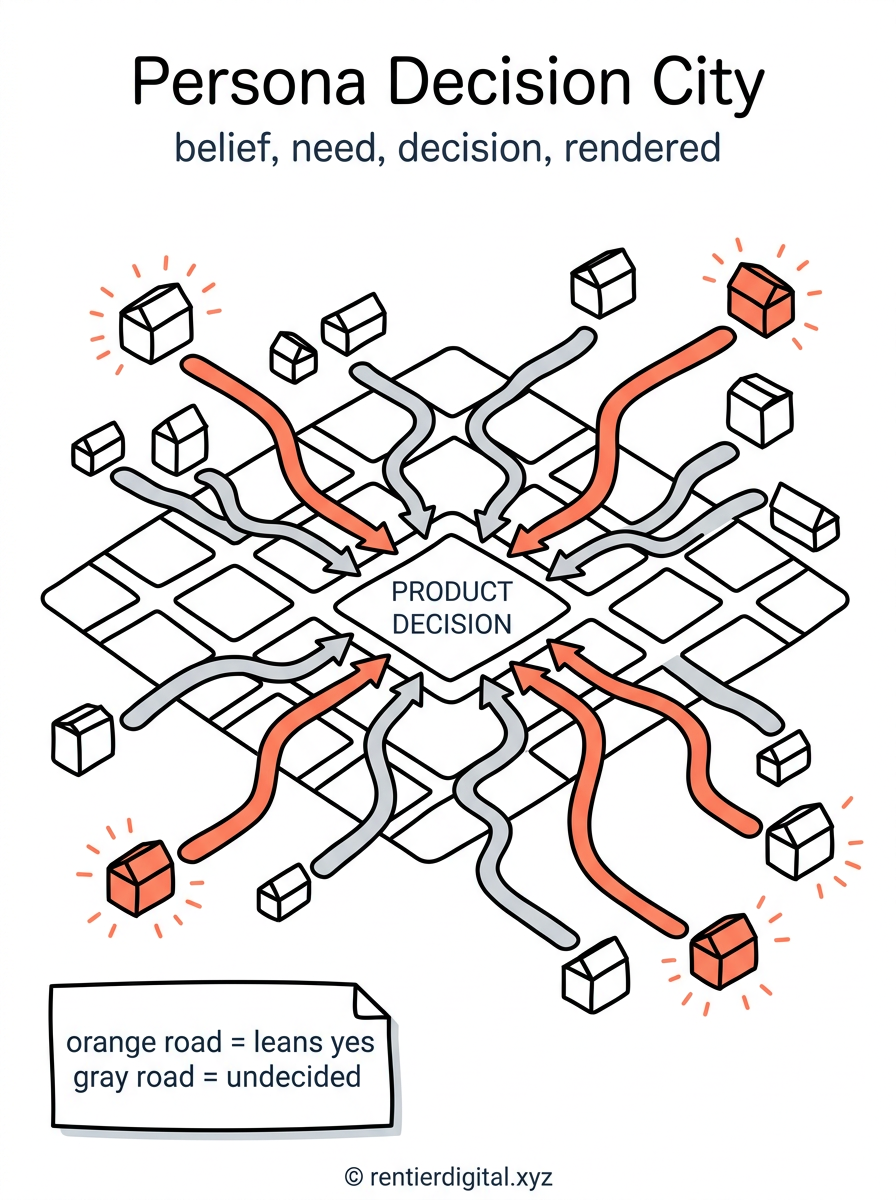 TITLE "Persona Decision City" + subtitle "belief, need, decision, rendered". Metaphor: isometric city grid with 1 central parcel representing the product and colored roads branching to individual buildings representing personas. Style: engineer blueprint, thin white linework on dark navy background, subtle grid texture. Palette: navy #0B1D33, cyan #4FC3F7, amber #F4C430, white #FFFFFF, red #E5484D. Content: central parcel labeled PRODUCT DECISION with 10 to 12 building nodes connected by roads, each road colored by decision lean. Highlight: buildings with a strong YES lean glow amber, strong NO lean glow red, roads pulse with a directional arrow toward the parcel. Legend: sticky note bottom-left, "amber road = leans yes / red road = leans no / gray road = undecided". Footer: © rentierdigital.xyz. NOT flat corporate vector, NOT minimalist tech aesthetic.
