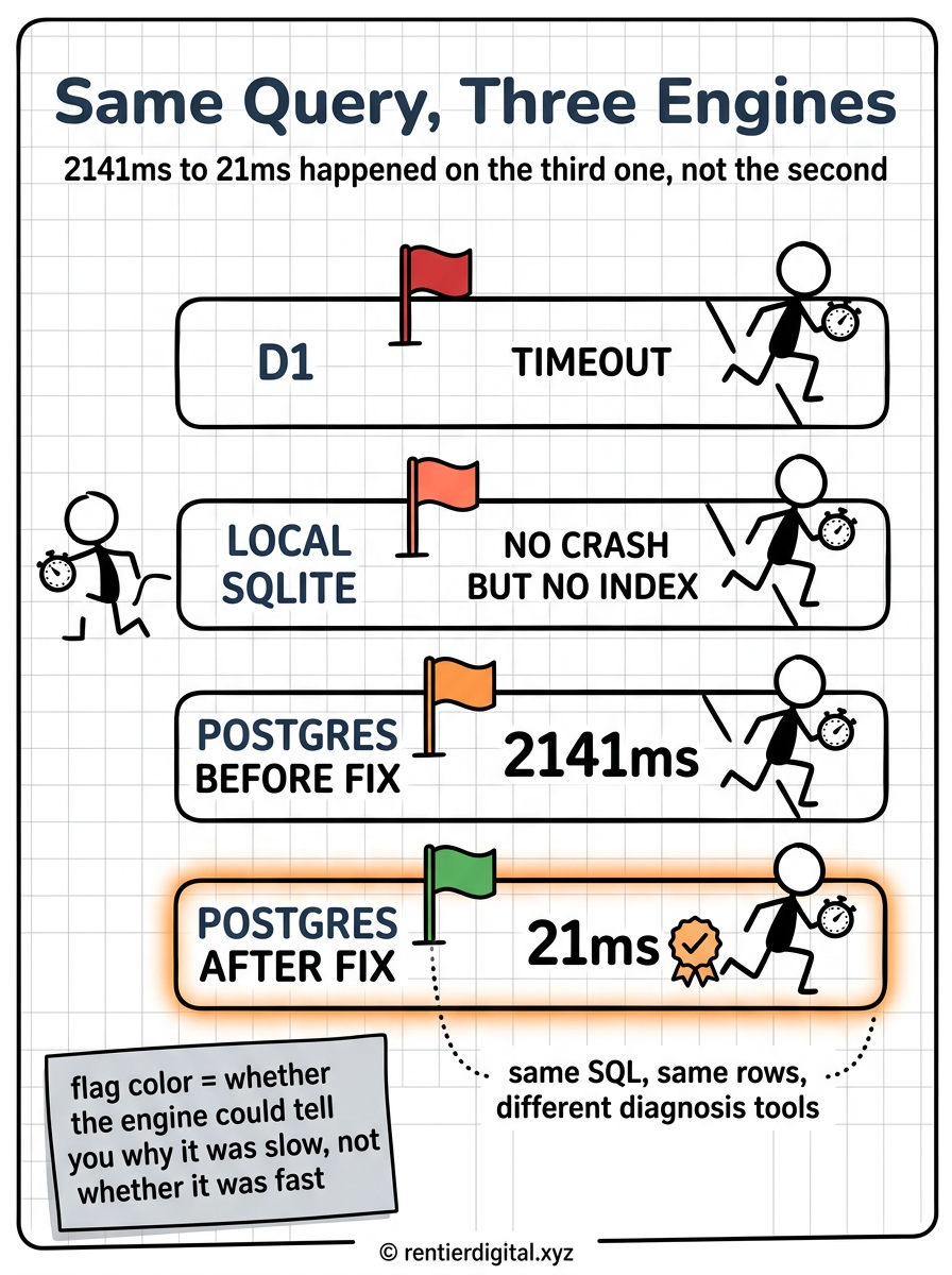 TITLE "Same Query, Three Engines" + subtitle "2141ms to 21ms happened on the third one, not the second". Metaphor: a single runner crossing three different racetracks, each track labeled with an engine name, the runner's stopwatch visible at each finish line. Style: engineer blueprint, technical schematic linework, cross-hatching for shaded areas, precise ruled grid background. Palette: navy #14213D, amber #FCA311, muted red #C1121F, off white #F2F2F0, black #111111. Content: three lanes labeled D1 (timeout, red flag), LOCAL SQLITE (no crash but no index, amber flag), POSTGRES BEFORE FIX (2141ms, amber flag), POSTGRES AFTER FIX (21ms, green flag). A dotted line under all four connects them with the label "same SQL, same rows, different diagnosis tools". Highlight: the final lane POSTGRES AFTER FIX glows amber with a small checkmark badge. Legend: sticky note bottom-left, "flag color = whether the engine could tell you why it was slow, not whether it was fast". Footer: (c) rentierdigital.xyz. NOT flat corporate vector, NOT stock infographic, NOT minimalist tech startup aesthetic.