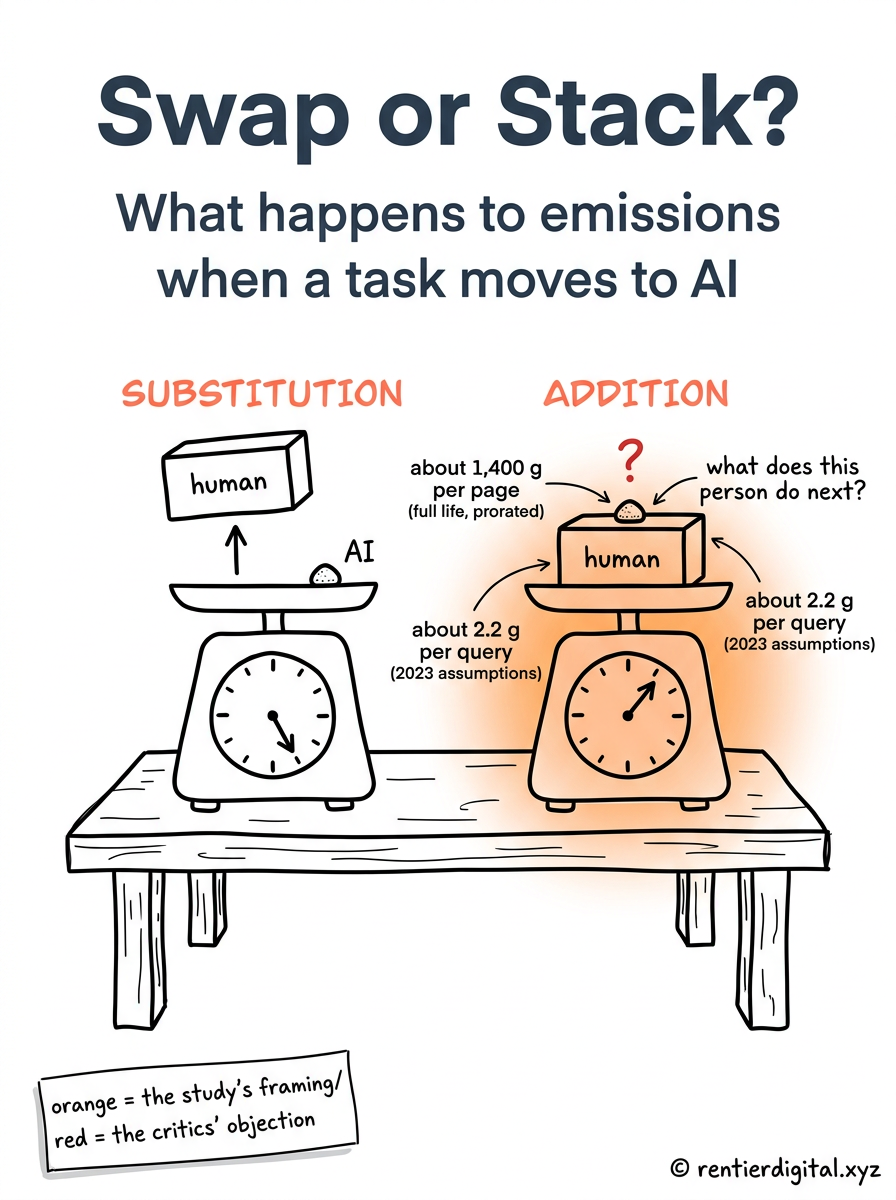 TITLE "Swap or Stack?" + subtitle "What happens to emissions when a task moves to AI". Metaphor: 2 kitchen scales side by side on a workbench. Left scale labeled SUBSTITUTION: the human block is lifted off and a tiny AI pebble put in its place, needle drops. Right scale labeled ADDITION: the human block stays on the scale and the AI pebble lands on top of it, needle rises slightly. Style: Franco-Belgian ligne claire, clean black outlines, flat colors, comic panel framing. Palette: navy #14213D, amber #FCA311, muted red #C1121F, off-white #F5F1E8, black #111111. Content: human block tagged "about 1,400 g per page (full life, prorated)", AI pebble tagged "about 2.2 g per query (2023 assumptions)". Highlight: the right scale glows amber with a small red question mark above the human block labeled "what does this person do next?". Legend: small sticky note bottom-left, "amber = the study's framing / red = the critics' objection". Footer: © rentierdigital.xyz, bottom right, small, handwritten. NOT flat corporate vector, NOT stock infographic.