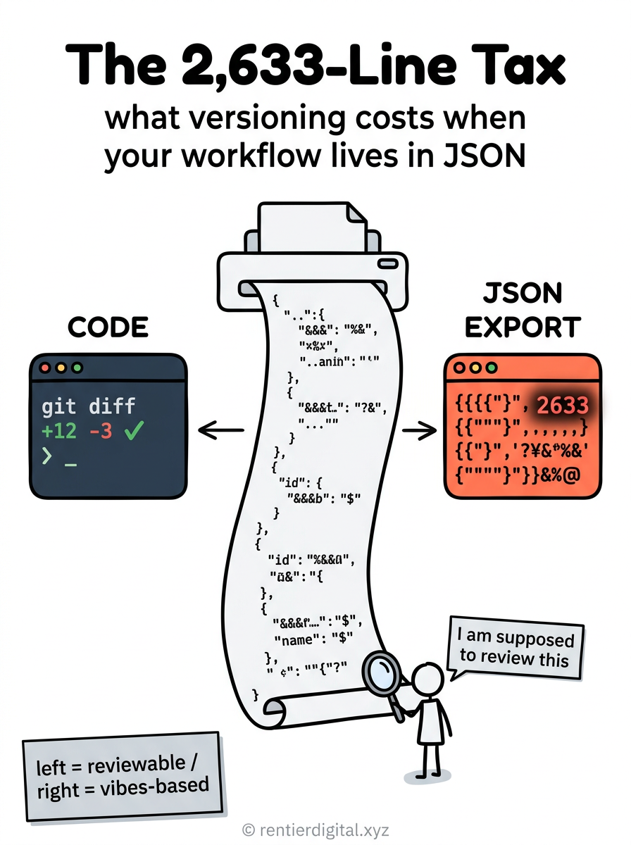 TITLE "The 2,633-Line Tax" + subtitle "what versioning costs when your workflow lives in JSON". Metaphor: a giant scroll of JSON unrolling from a printer, with a tiny human at the bottom trying to read it through a magnifying glass, while a green git terminal on the left shows clean diffs and a red JSON terminal on the right shows a wall of unreadable characters. Style: Franco-Belgian ligne claire comic, thick black outlines, flat shading, expressive faces. Palette: paper cream #FFF8E7, ink black #111111, hot red #E63946, terminal green #4CAF50, sky blue #4FC3F7. Content: left panel labeled "CODE" with a clean git diff (+12 -3), right panel labeled "JSON EXPORT" with a chaotic wall of curly braces and quotation marks, the human in the middle holds a sign reading "I am supposed to review this". Highlight: the JSON wall has a glowing red 2633 number in the corner, the git diff has a small green checkmark. Legend: bottom-left sticky note, "left = reviewable / right = vibes-based". Footer: copyright rentierdigital.xyz. NOT flat corporate vector, NOT minimalist tech aesthetic.