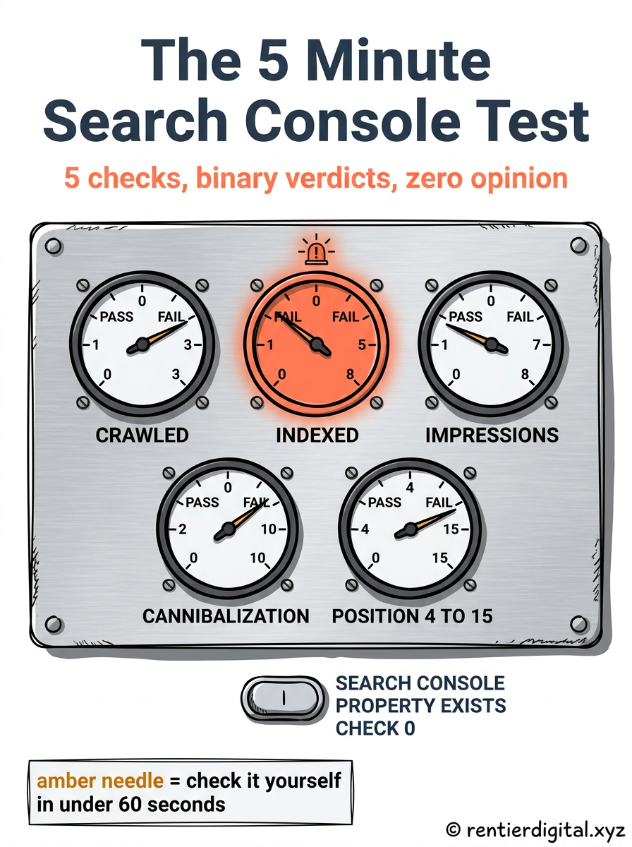 TITLE "The 5 Minute Search Console Test" + subtitle "5 checks, binary verdicts, zero opinion". Metaphor: a retro aircraft cockpit instrument panel, 5 round gauges bolted in a row on a brushed metal plate, each needle resting on either PASS or FAIL. Style: 1970s aviation instrument panel illustration, riveted metal, screen-printed lettering, worn edges, heavy shadow under each dial. Palette: navy #14213D, amber #FCA311, muted red #C1121F, warm cream #FFF8E7, black #111111. Content: 5 labeled dials reading CRAWLED, INDEXED, IMPRESSIONS, CANNIBALIZATION, POSITION 4 TO 15. Below the panel a single amber toggle switch labeled "SEARCH CONSOLE PROPERTY EXISTS" marked CHECK 0. Highlight: the INDEXED dial glows amber with its needle hard over on FAIL and a small warning lamp lit above it. Legend: engraved plate bottom-left, "amber needle = check it yourself in under 60 seconds". Footer: © rentierdigital.xyz bottom-right, small, handwritten. NOT flat corporate vector, NOT stock infographic.