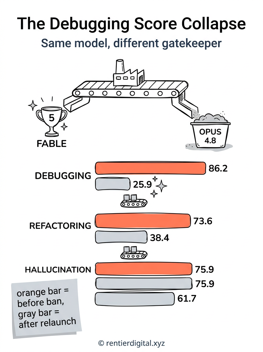 TITLE "The Debugging Score Collapse" + subtitle "Same model, different gatekeeper". Metaphor: a factory conveyor belt splitting into 2 chutes, the first leading to a shiny trophy labeled FABLE 5, the second leading to a dusty fallback bin labeled OPUS 4.8. Style: cartoon 90's Hanna-Barbera/Nickelodeon, thick black outlines, halftone dots, bouncy rounded shapes. Palette: mustard #F4C430, hot pink #FF3E7F, sky blue #4FC3F7, cream #FFF8E7, black #111111. Content: 3 bar pairs labeled DEBUGGING (86.2 vs 25.9), REFACTORING (73.6 vs 38.4), HALLUCINATION (75.9 vs 61.7), each pair split by a small conveyor icon feeding the 2 chutes. Highlight: the DEBUGGING bar pair glowing with sparkle stars around the 25.9 value, marking the steepest drop. Legend: sticky note bottom-left reading "gold bar equals before the ban, faded gray bar equals after relaunch". Footer: copyright rentierdigital.xyz. NOT flat corporate vector, NOT minimalist tech startup aesthetic.