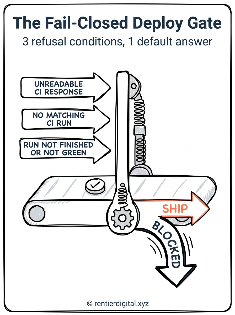 TITLE "The Fail-Closed Deploy Gate" + subtitle "3 refusal conditions, 1 default answer". Metaphor: a factory conveyor belt with a mechanical gate arm that stays down by default. Style: engineer blueprint, thin white lines on navy background, technical schematic aesthetic. Palette: navy #14213D, amber #FCA311, muted red #C1121F, off white #F5F5F0, black #111111. Content: 3 labeled input checks feeding into the gate arm, "UNREADABLE CI RESPONSE", "NO MATCHING CI RUN", "RUN NOT FINISHED OR NOT GREEN". Below the gate arm, two output paths, "SHIP" in amber only when all 3 checks clear, "BLOCKED" in muted red as the default resting state. Highlight: the BLOCKED path glows by default, the SHIP path only lights up when a green checkmark token passes all 3 gates. Footer: copyright rentierdigital.xyz. NOT flat corporate vector, NOT minimalist tech startup aesthetic.\