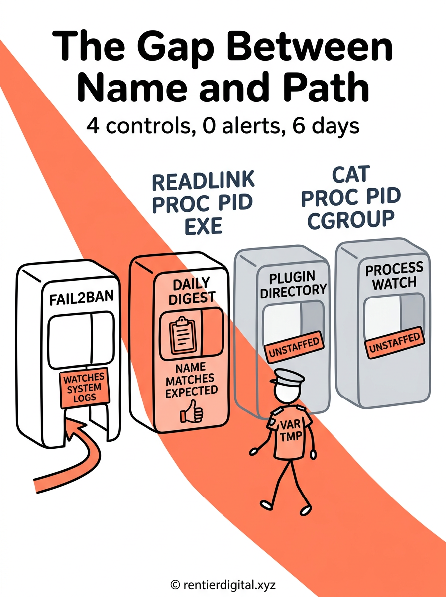TITLE "The Gap Between Name and Path" + subtitle "4 controls, 0 alerts, 6 days". Metaphor: a security checkpoint with 4 guard booths in a row, a figure in a fake uniform walking straight through all of them, each guard checking a clipboard that only lists names. Style: Soviet constructivist poster, bold diagonal composition, heavy geometric shapes, limited flat inks, stencil lettering. Palette: brick red #C1272D, ink black #1A1A1A, bone white #F2ECE3, steel blue #3A6EA5, ochre #D9A441. Content: 4 booths labeled left to right, FAIL2BAN with a sign reading WATCHES SYSTEM LOGS and an arrow showing traffic bypassing via proxy, DAILY DIGEST with a clipboard reading NAME MATCHES EXPECTED and a guard giving a thumbs up, PLUGIN DIRECTORY drawn empty with a sign reading UNSTAFFED, PROCESS WATCH drawn empty with a sign reading UNSTAFFED. Behind the last booth, 2 large stencil commands on the wall, READLINK PROC PID EXE and CAT PROC PID CGROUP, with a spotlight beam hitting the fake uniform figure and revealing VAR TMP printed on his back. Highlight: the spotlight beam drawn in ochre cutting diagonally across the whole poster, the 2 empty booths shaded flat grey. Footer: © rentierdigital.xyz. NOT flat corporate vector, NOT stock infographic style.