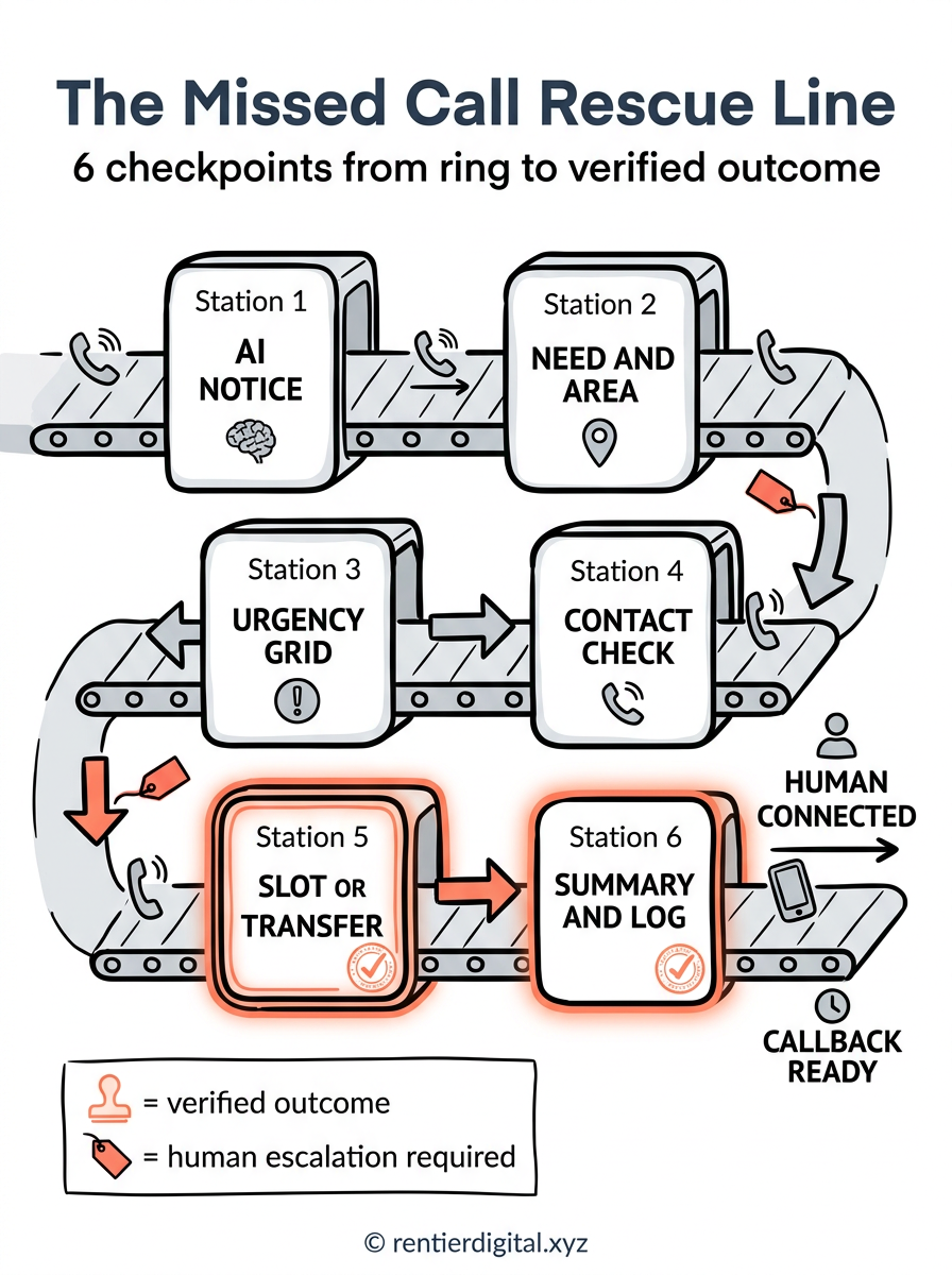 TITLE "The Missed Call Rescue Line" + subtitle "6 checkpoints from ring to verified outcome". Metaphor: airport baggage conveyor carrying each incoming call through 6 inspection stations toward a human handoff or documented callback. Style: engineer blueprint with hand-drawn technical annotations, crisp arrows, stamped status labels, and subtle paper grain. Palette: navy #14213D, amber #FCA311, muted red #C1121F, warm white #F7F3E8, black #111111. Content: 6 stations labeled AI NOTICE, NEED AND AREA, URGENCY GRID, CONTACT CHECK, SLOT OR TRANSFER, SUMMARY AND LOG, with 2 end lanes labeled HUMAN CONNECTED and CALLBACK READY. Highlight: the SLOT OR TRANSFER and SUMMARY AND LOG stations stand out with amber halos, double outlines, and small verification stamps, while failed routes use muted red warning tags. Legend: amber stamp = verified outcome, red tag = human escalation required. Footer: © rentierdigital.xyz. NOT flat corporate vector, NOT stock call center infographic, NOT minimalist tech startup aesthetic.